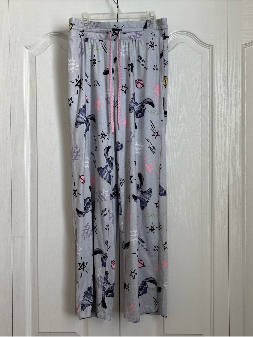 Womens Light Gray Stitch Print Pajama Pants with Pink Drawstring
